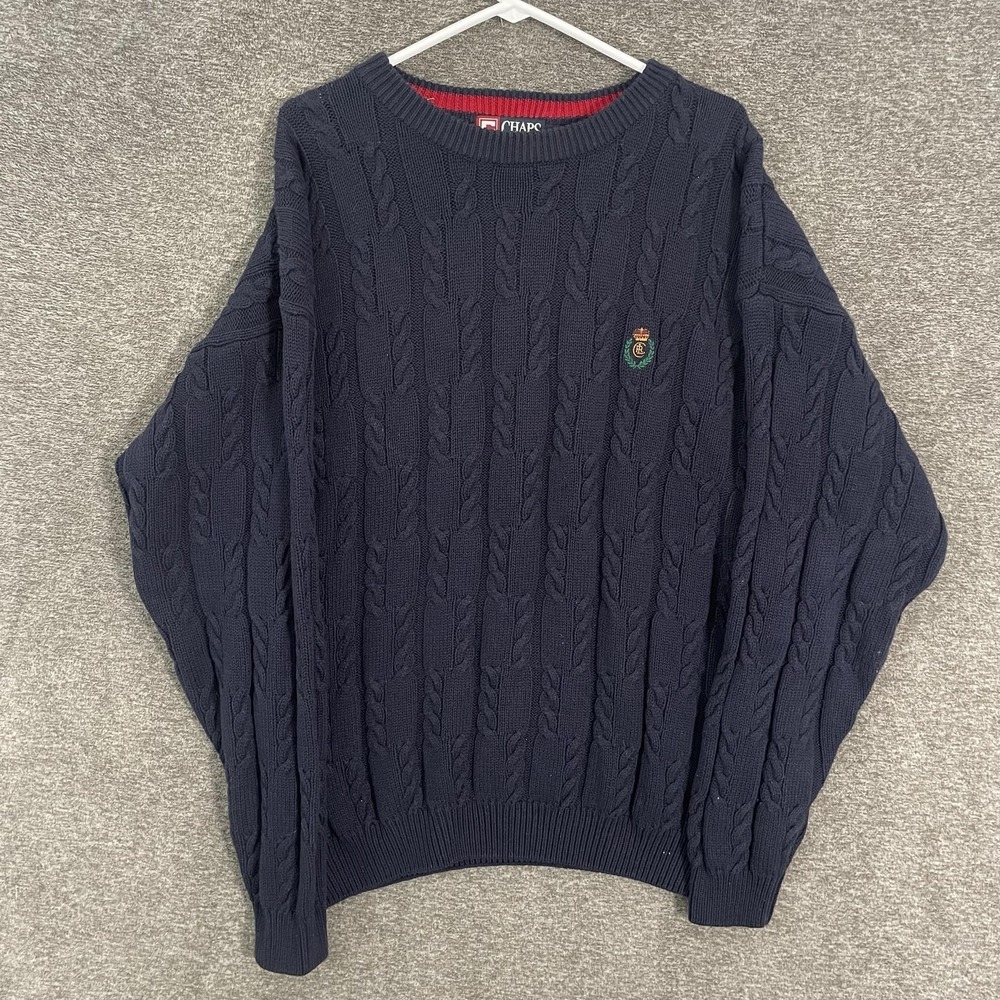 Chaps Ralph Lauren Sweater Mens Large Blue Cotton Cable Knit Crest Logo